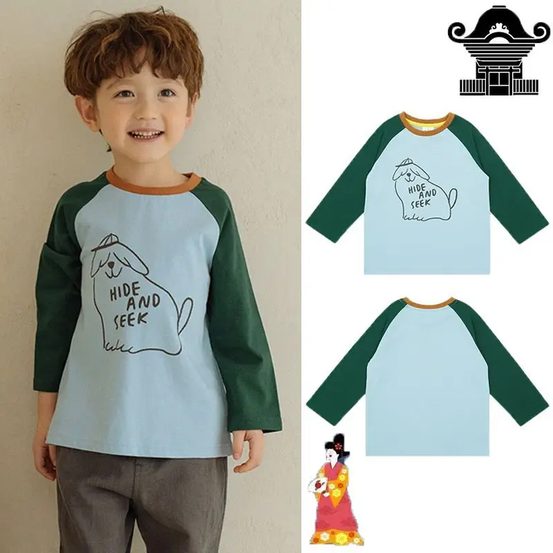 

Jenny&Dave 2023 Spring New Children's Casual Bottom Shirt with Cartoon Animal Colored Raglan Long Sleeves for Children