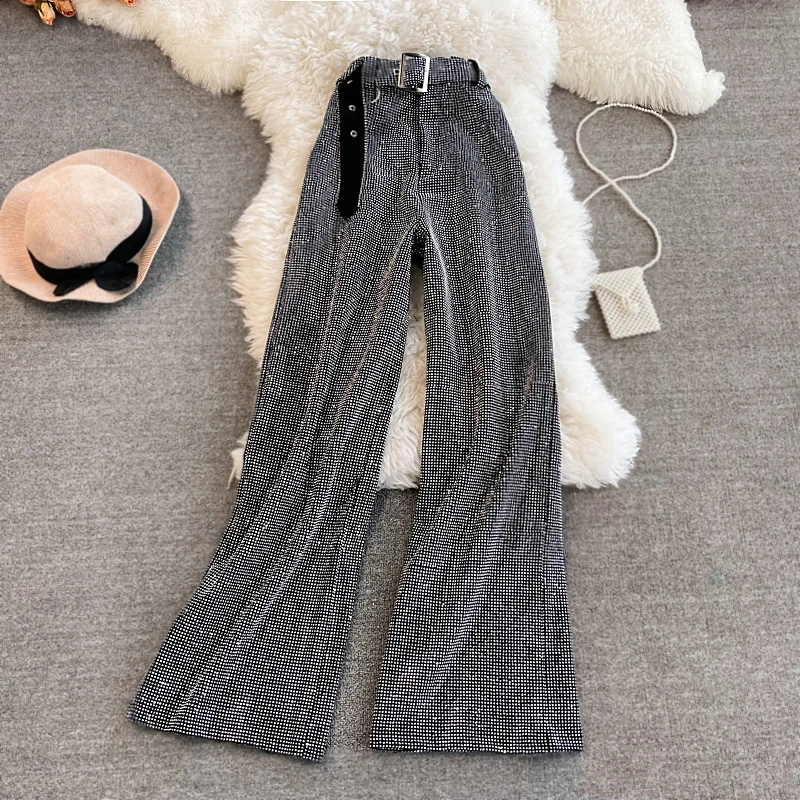 Blingbling Hot Drilling Women Wide Leg Trousers 2022 New Autumn Winter Lace-up High Waist Straight Pants Floor-length Trendy