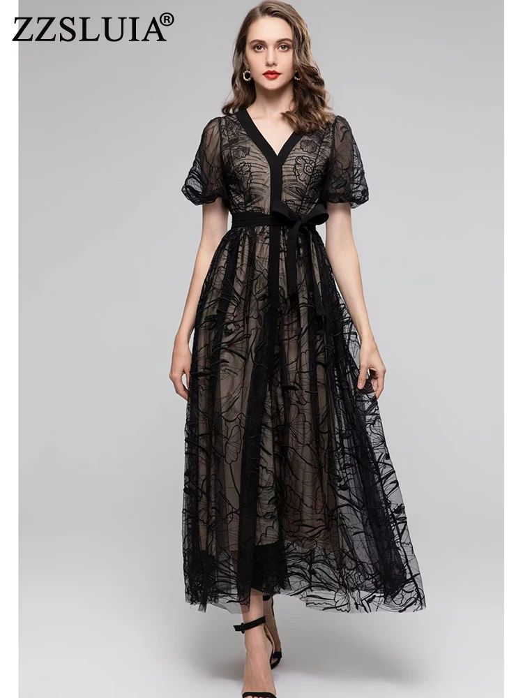 

ZZSLUIA Elegant Dresses For Women Embroidery Patchwork Designer Slim Long Dress Fashion Puff Sleeve Prom Mesh Dresses Female