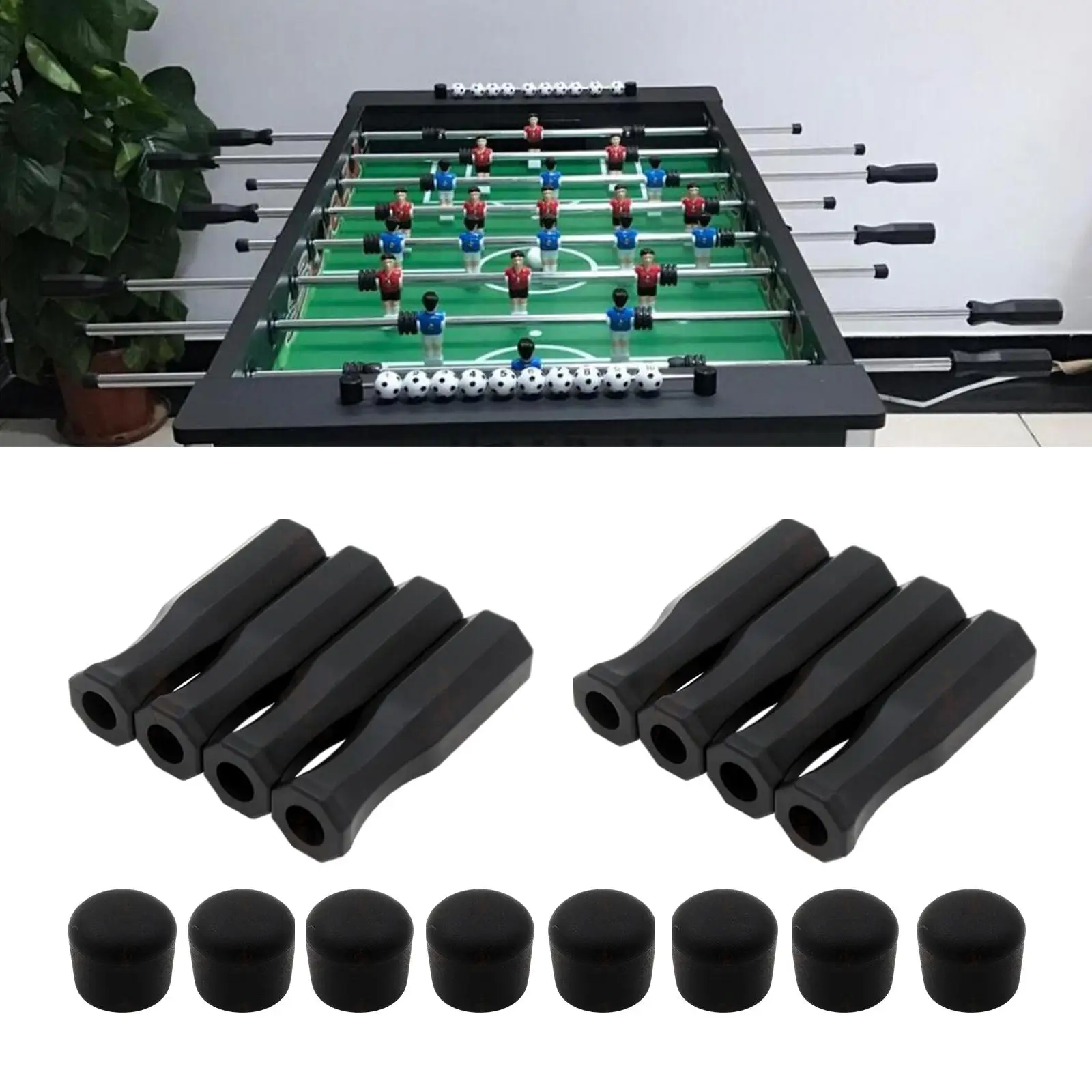 16Pcs Black Octagonal Handles and Safety End Caps for Standard Foosball Tables Soccer Table Replacement Handles Black 116mm table football game tabletop soccer game