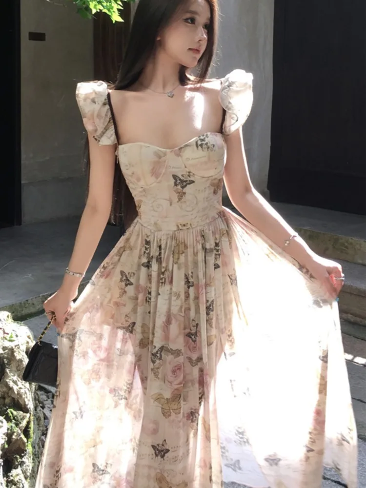 

Y2K Printed Party Dress Square Collar Lace-up High Split A-line Long Dresses for Women Vintage Prom Robe Summer Vestidos Mujer