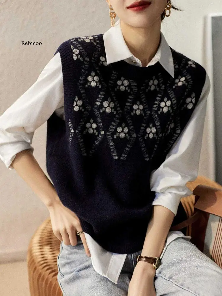 

Sweater Vests Women Floral Retro Design New Stylish All-match Korean Style Ladies Creativity Basic O-neck Autumn Knitwear Simple