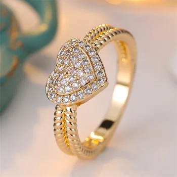 White Zircon Fashion Love Heart Rings For Women Vintage Gold Color Engagement Bands Wedding Jewelry Bridal Valentine's Day Gifts