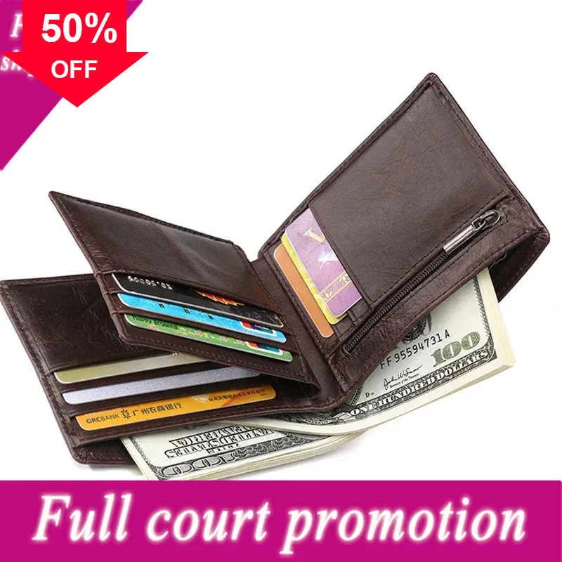 Oil Wax Cowhide Purse Wallets For Women & Men Vintage Famous Brand Pocket ID Cards Holder Coin Genuine Leather Short Wallet
