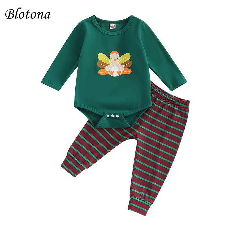 

Blotona Toddler Girl Boy 2Pcs Thanksgiving Clothes Set Long Sleeve Turkey Pattern Romper Striped Print Pants Outfit 6M-3Y