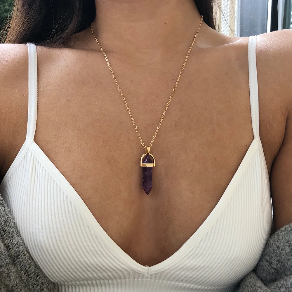 Hot Sale Hexagonal Column Quartz Necklaces Pendants Vintage Natural Stone Bullet Crystal Necklace For Women Jewelry - Image 3