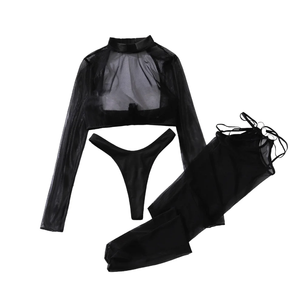 Women's Sexy Romantic Suit Black Seductive See-through Long-sleeved Chiffon Shaping Sexy Lingerie Comfort Set with Stockings