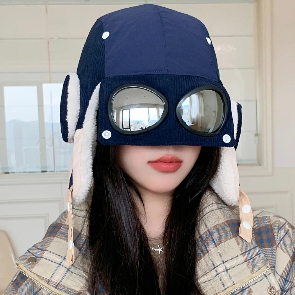 Hot Sale Women Warm Bomber Hats With Goggles Plush Fur Winter Hat With Earflap Winter Dandy Cap