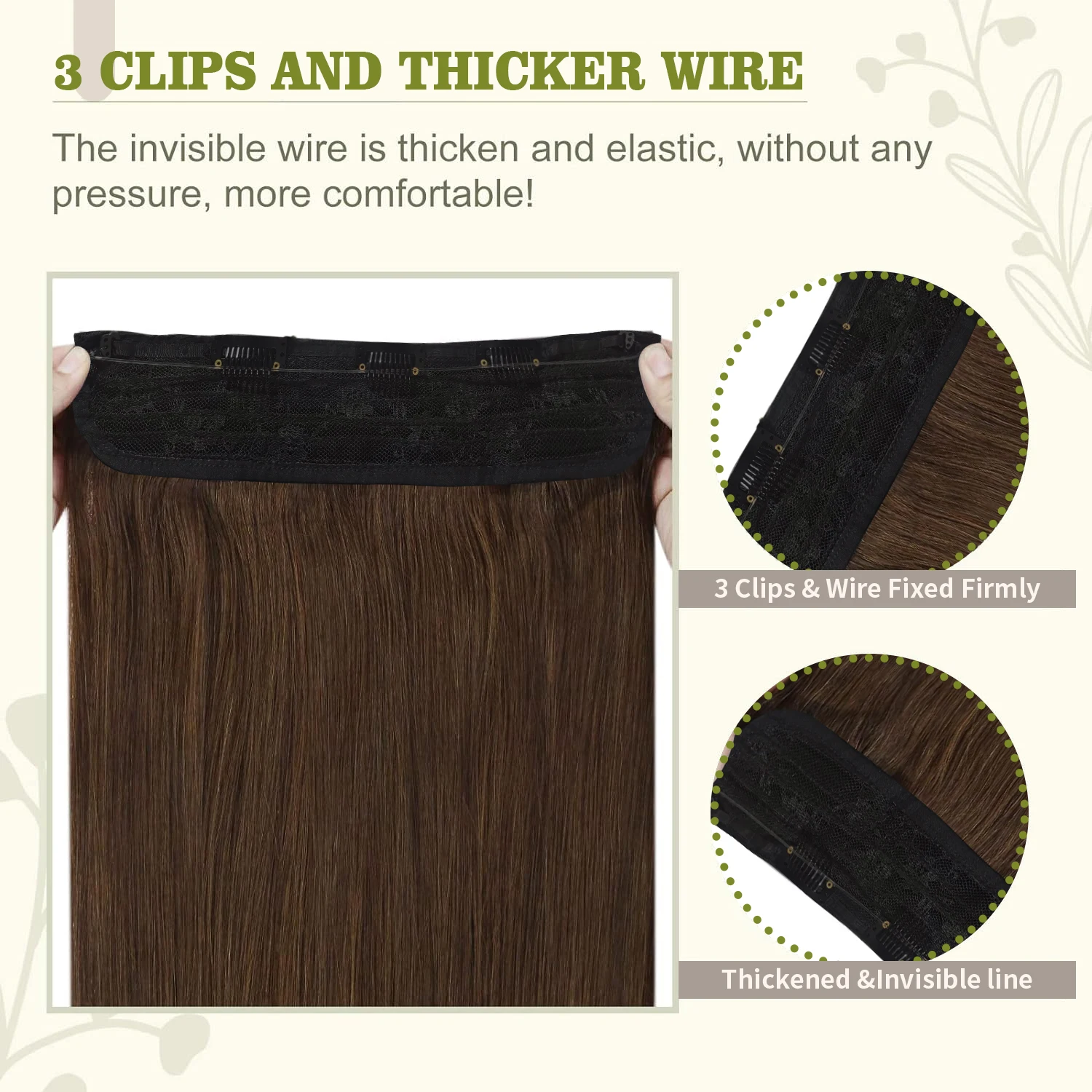 Chocolate Brown Color #4 Fish Line Real Human Hair Wire Adjustable Size 3 Secure Clips Wire Hair Extensions 16-26 Inch For Salon