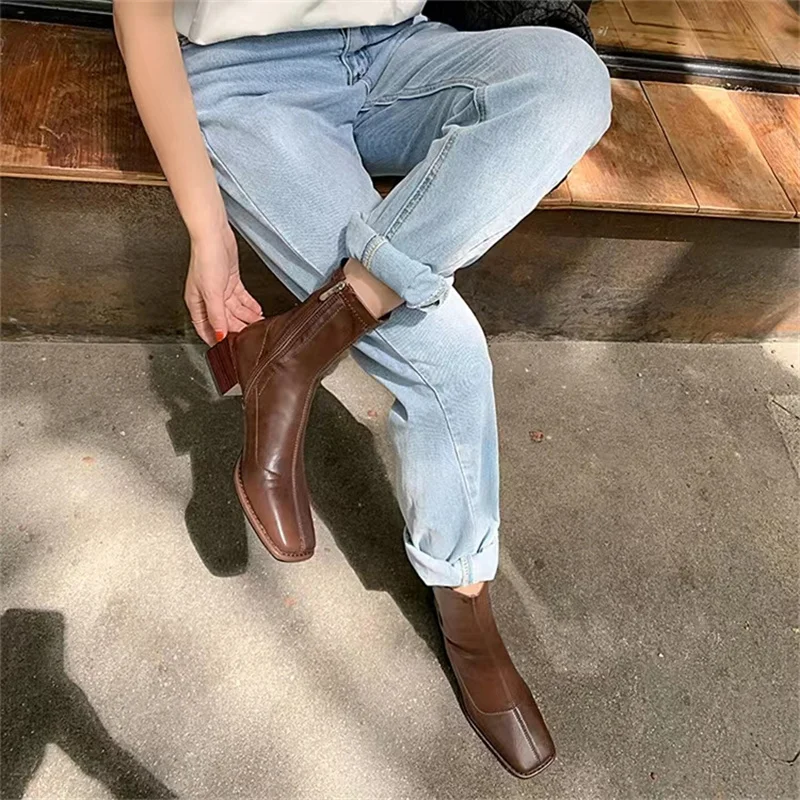 Thick Heel Mid Barrel Short Boots for Women 2023 New Leather Boots Square Head Mid Heel Spring and Autumn Single Boots