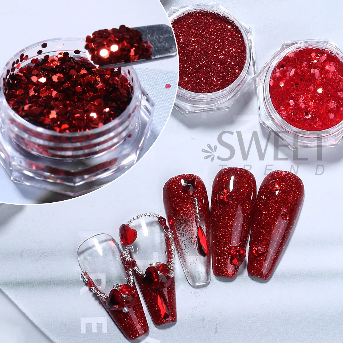 12pcs Reflective Red Nail Glitter Sequins New Year Style Hexagon Slices Spangles Happy Festive Valentine's Manicure Paillettes