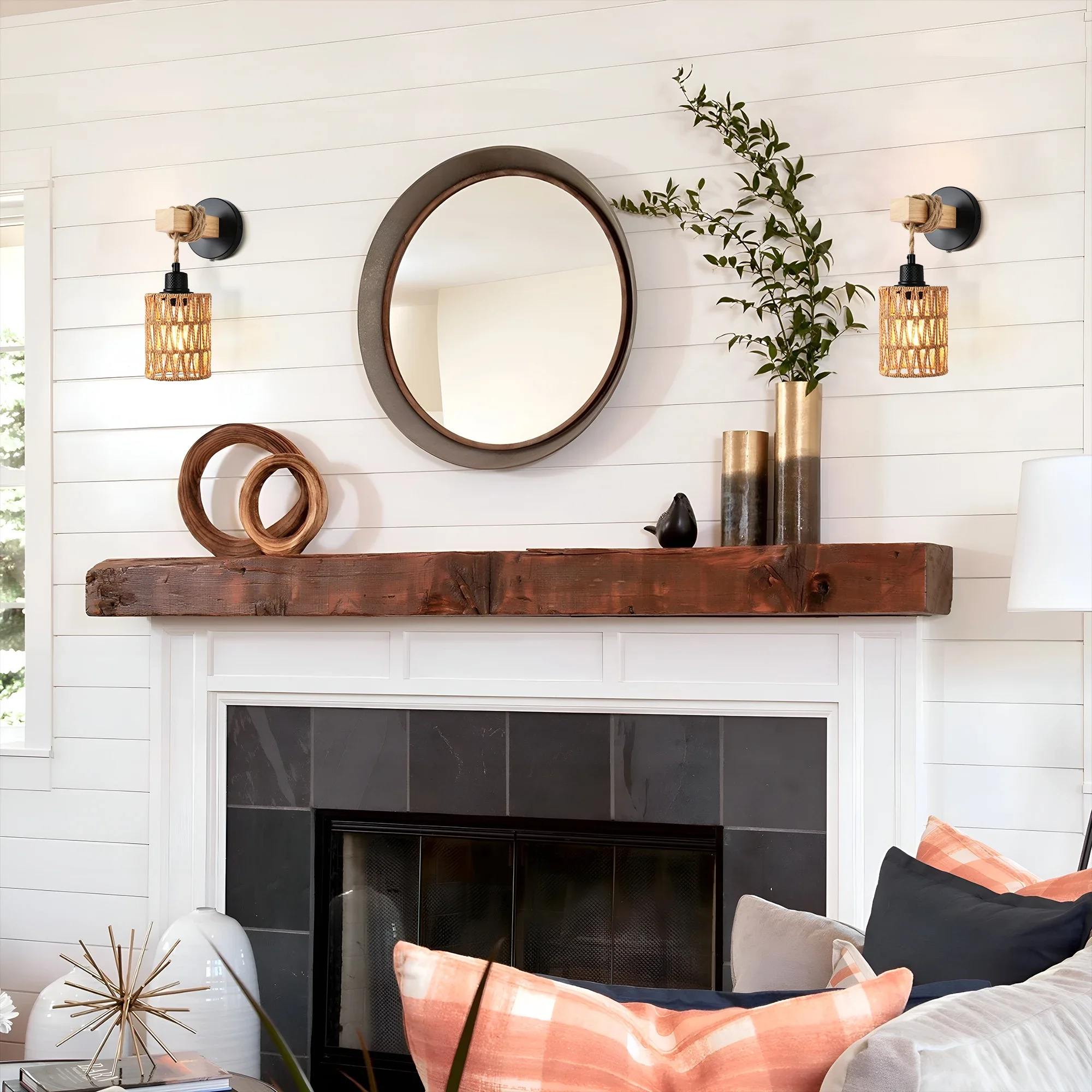 Easy Install Rattan Wall Sconces Wall Lights with Dimmable Boho Wall Mount Light Fixtures Wicker Wall lamp for Bedroom Nursery