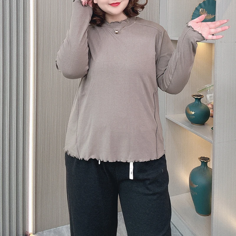 Women's Loose Ruffle Collar T-shirt, Long Sleeve, Basic Tops, Plus Size, Solid Color, New, Autumn