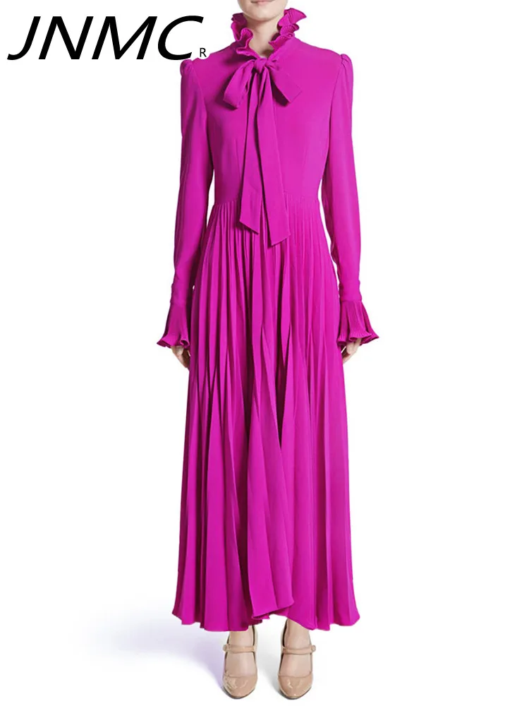 

JNMC Women French Elegant Rose Red Bow Tie High-neck Dress Women Long-sleeved Purple Pleated Skirt Slimming Gown 2024 New Style
