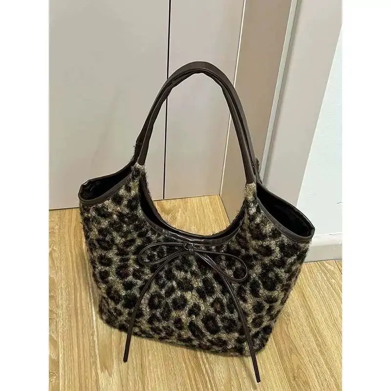 JIAERDI Vintage Plush Leopard Print Bucket Bag Women Sweet Cool Hot Girls Bow Y2k Handbag Female Retro Underarm Bag Aesthetic
