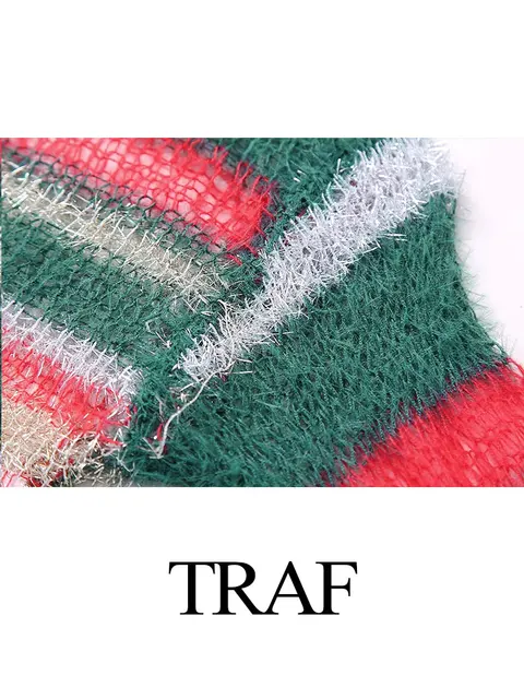TRAF 2024 New Female Cropped Pullover All Matched Striped Round Neck Long Sleeves Spring Sweet Tops Versatile Y2K Casual Sweater 5