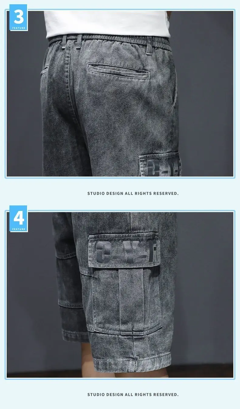 Harajuku Fashion Drawstring Designer Korean Luxury Boyfriend Multi Pocket Loose Casual Denim Jeans Men Summer Knee Length Shorts