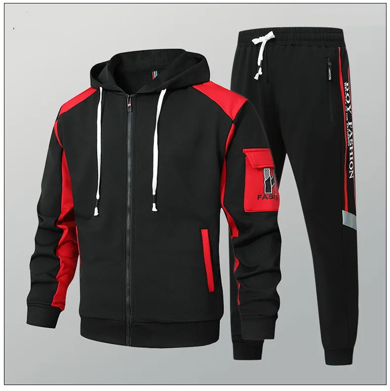 Men’s high-end fashion zipper cardigan and pants two-piece casual sportswear set – CyberStreetOne.com” red black