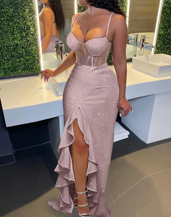 

Fashion Women's Dress Elegant Sexy Party Night Camisole Sleeveless Cut V-neck Sequin Ruffle Split Wrap Hip Bodycon Maxi Dress