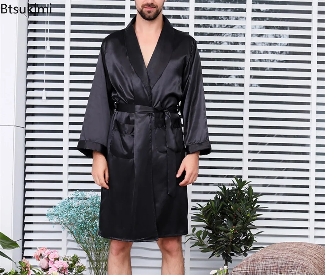 2024 New Robe Shorts Pajama Sets Men Silk Sleepwear Satin Bathrobe Two-Pieces Man Kimono Home Clothes Soft Cozy Lounge Bath Gown
