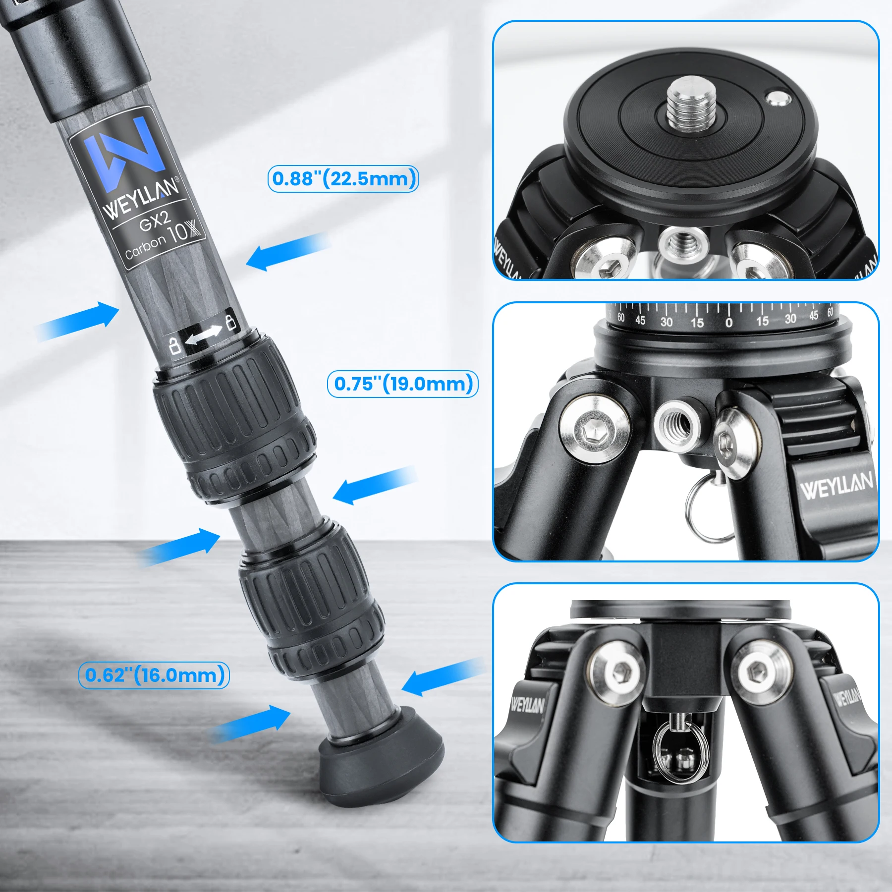 GX2 Carbon Fiber Tripod Compact Lightweight Portable Tabletop Tripods 360° Ball