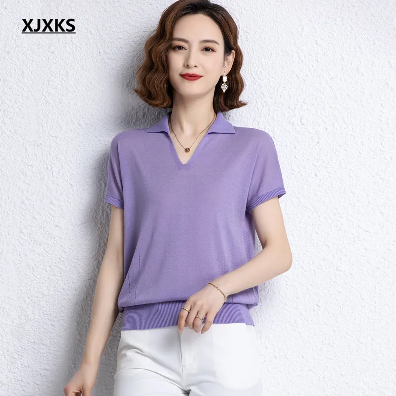 

XJXKS Solid Color All-match Lapel Short-sleeved Women's Top 2022 Summer New Comfortable Casual Female T-shirt