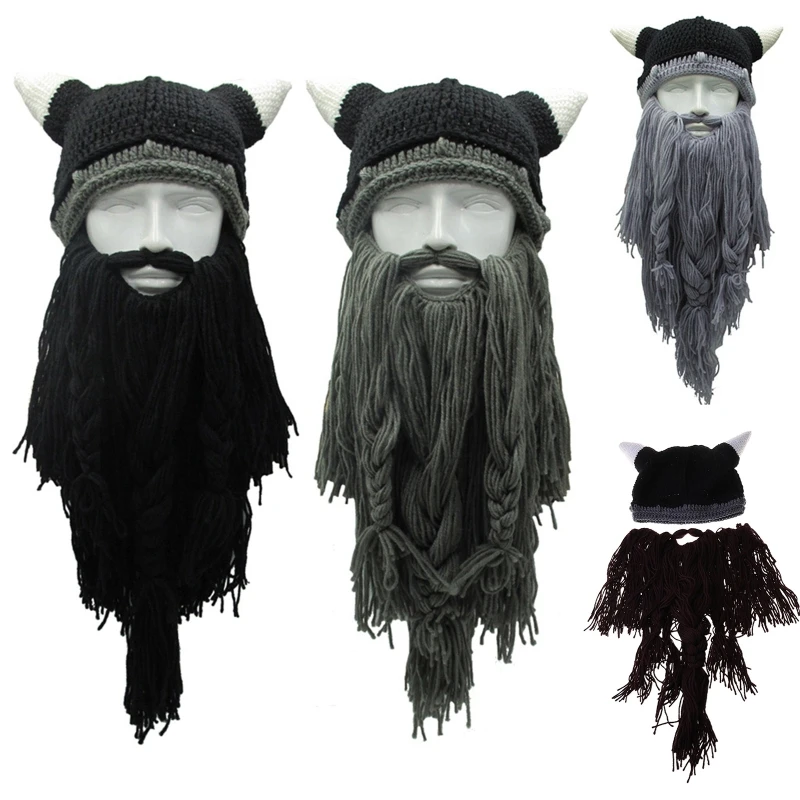 Knitted Viking Beard Horn Hat Adult Crazy Funny Halloween Cosplay Ski Mask Barbarian Vagabond Vintage Winter Beanie Cap