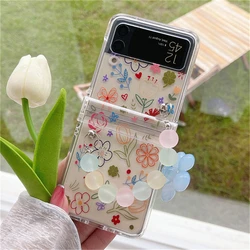 Cute Colorful Floral Clear Phone Case with 3D Flower Bead Chain - Galaxy Z Flip 4 (Colorful)