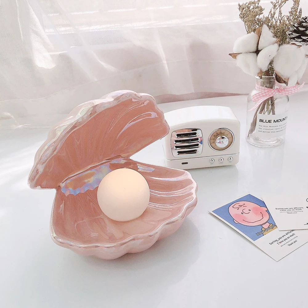 night lights for adults Ceramic Shell Lamp With Pearl Ins Japanese Style Streamer Mermaid Fairy Night Light Bedside Home Decoration Birthday Xmas Gift night light for bedroom