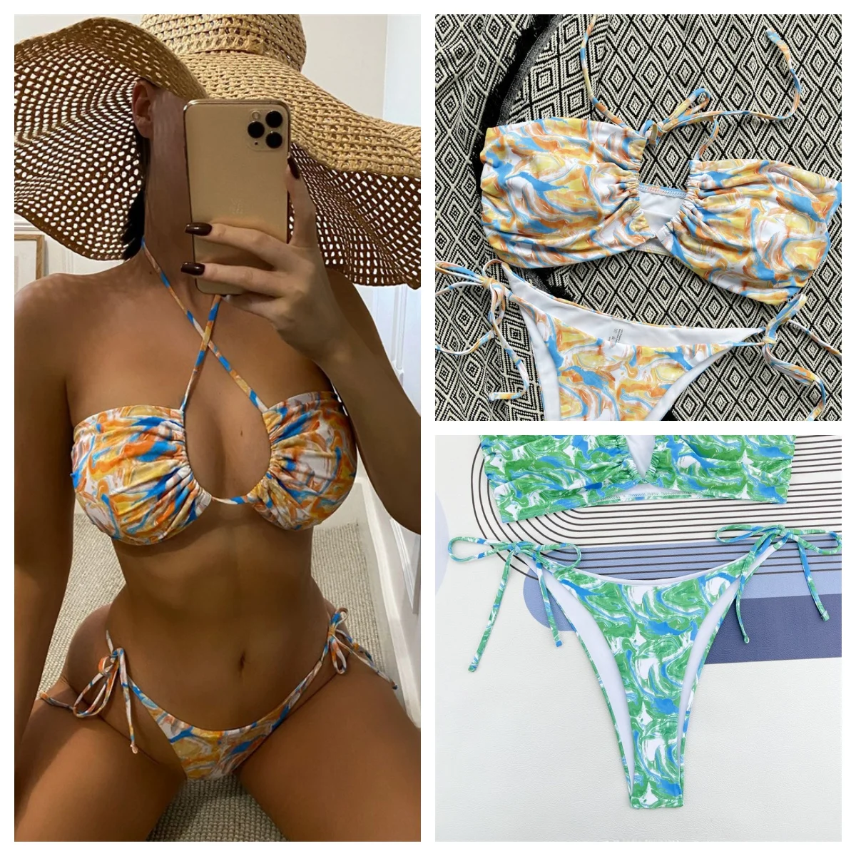 Sexy printed bikini Europe and the United States hollow halter swimsuit Mujer Biquini