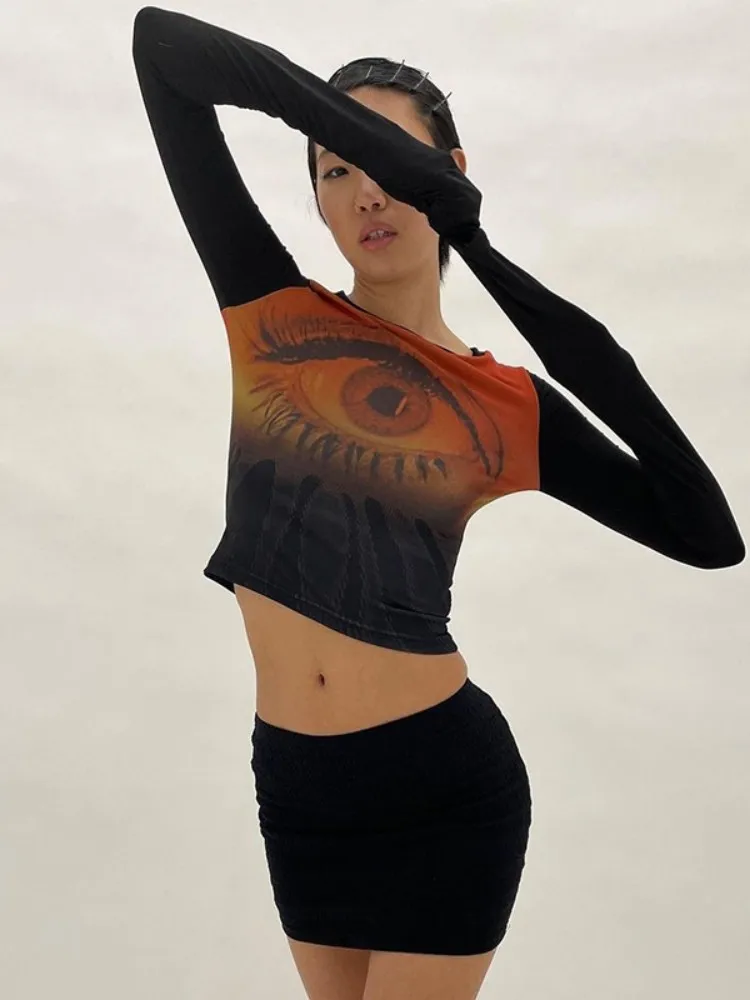 Y2k Mesh Top Women Streetwear Long Sleeve Graphic Tee See Through O Neck  Tops Slim Anime T-shirt Sexy Crop Top Women Clothing - T-shirts - AliExpress