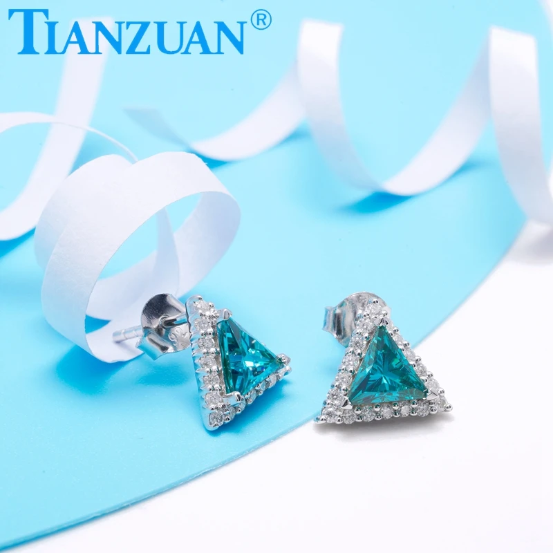 Hot 925 silverTriangular Pendant Paraiba Zircon Stud Earring Women Party Gift Fine Wedding Jewelry Earrings Everyday Accessories