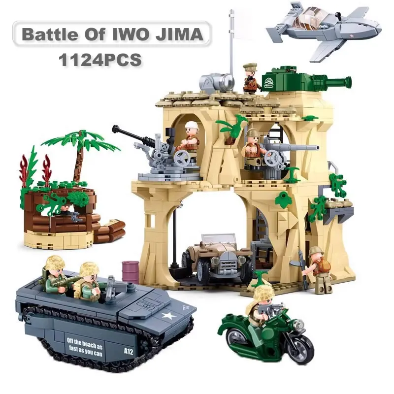 SLUBA 블록 군사 벽돌, IWO JIMA 전투 빌딩 블록, 어린이 선물용 장난감, WW2, 112 개