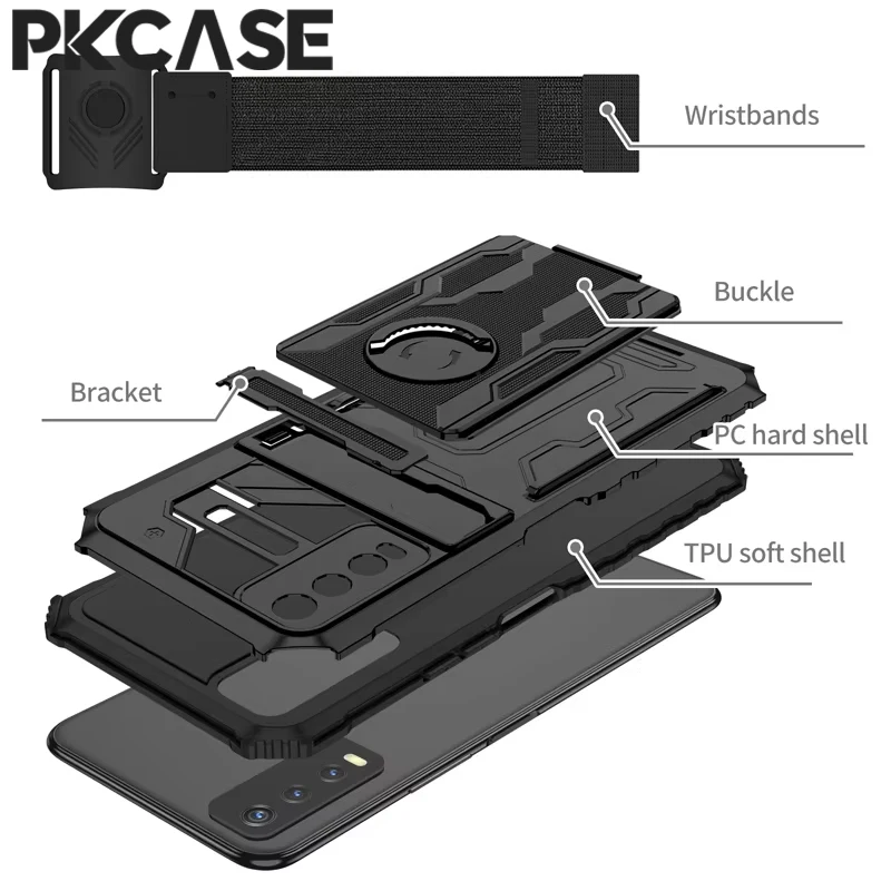 PKCASE Shockproof Phone Case For VIVO Y72 5G Y53S Y20 Y20S Y20i Y17 Y15 Y12 Y12S Y12A Y11 Y5 Bracket Wristband Protective Case 3