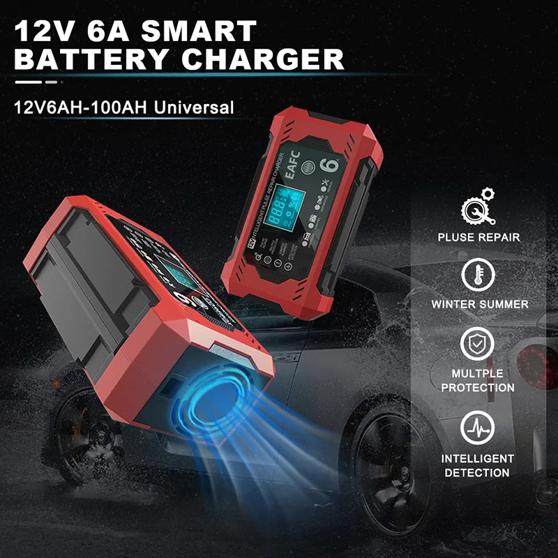 Auto baterie nabíječka 6A 12V auto a motocykl baterie nabíjení zařízení olověných baterie chytrá oprava LCD displej