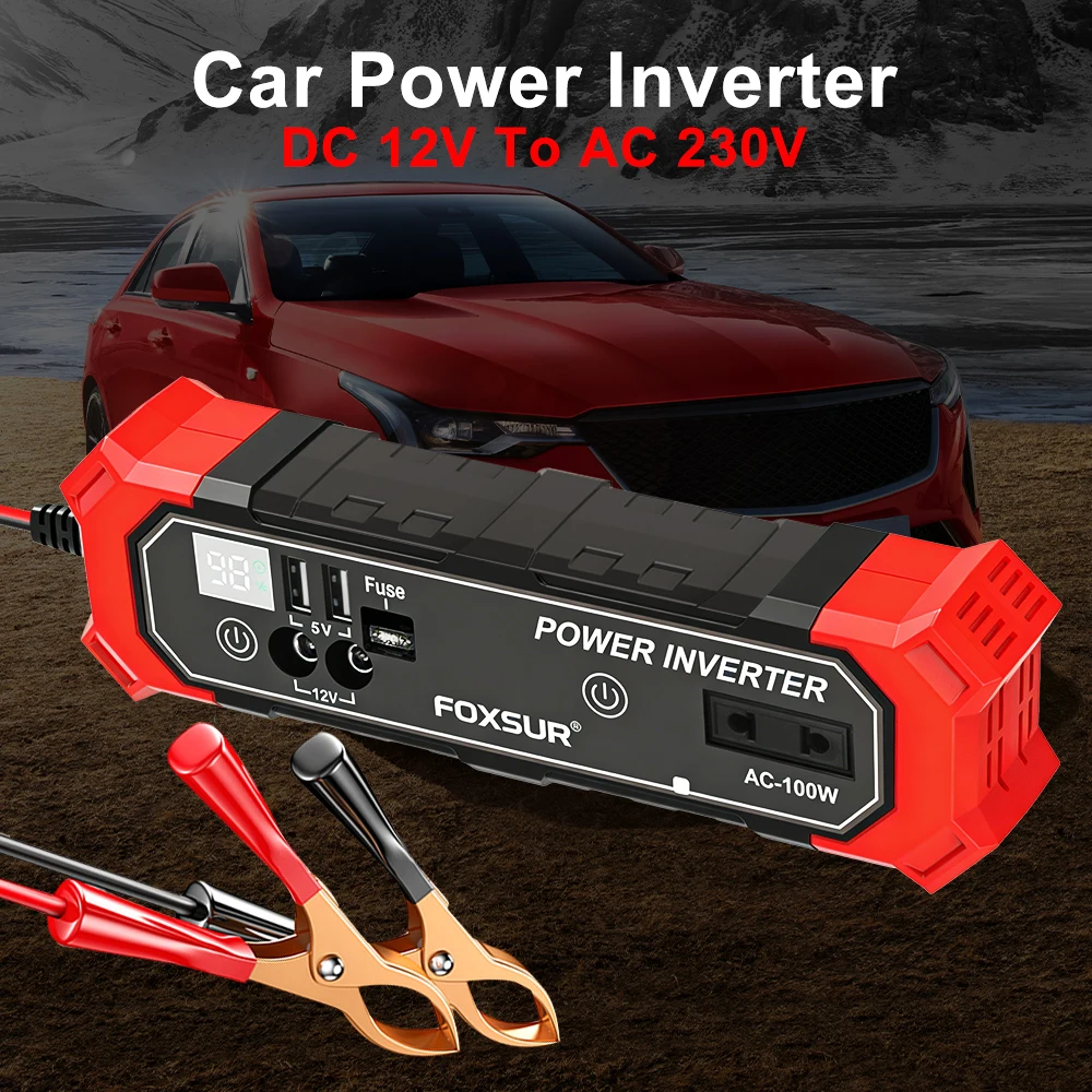 Convertitore di potenza per auto da 12V CC a 230V CA con USB, morsetti per batteria e interfaccia accendisigari