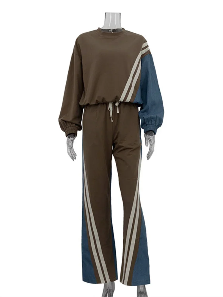 Ladies 2 Piece-Set Drawstring Trousers Contrast Lace-Up Autumn Pullover And High Waist Women Pants Outfits Tracksuit