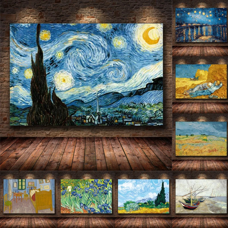 

Van Gogh's Famous Painting Starry Sky Poster，Print Canvas Painting Wall Art Pictures， Living Room Home Artwork Decor Cuadros