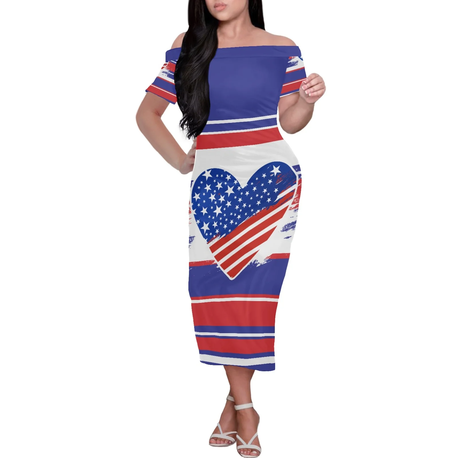 

Hawaiian Summer Flag Print Dress Short Sleeve Knee Length Dress Tight Off-the-shoulder Clothing Dress 2022