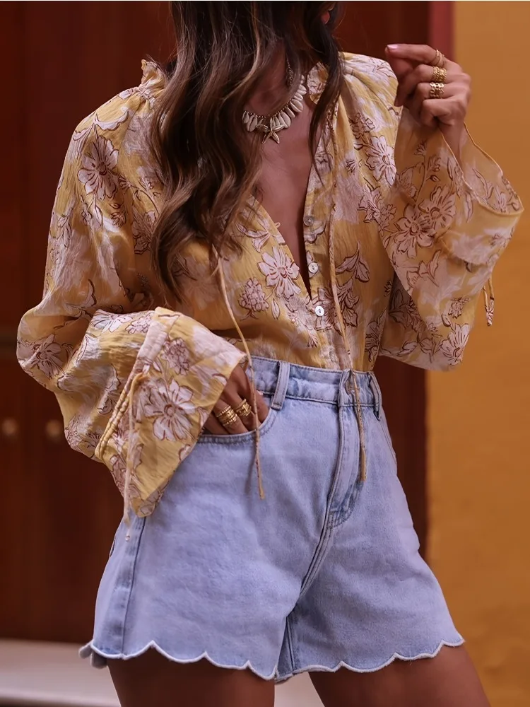 New Fashion 2025 Elegant Lace Neck Flared Sleeve Lace-Up Shirt Loose Casual New Chinese Cardigan Single-breasted Yellow Top