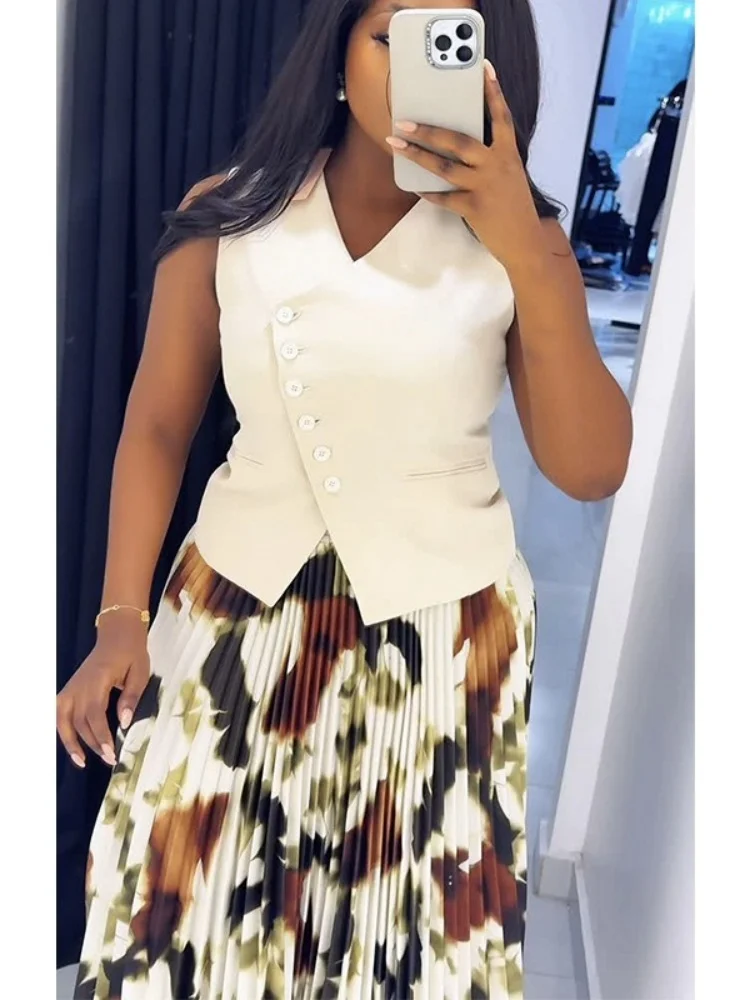 Wmstar 2025 New Women Fashionable Summer Long Refreshing Sweet Dress Sets V Neck Button Waistcoat Printed Pleats Zipper