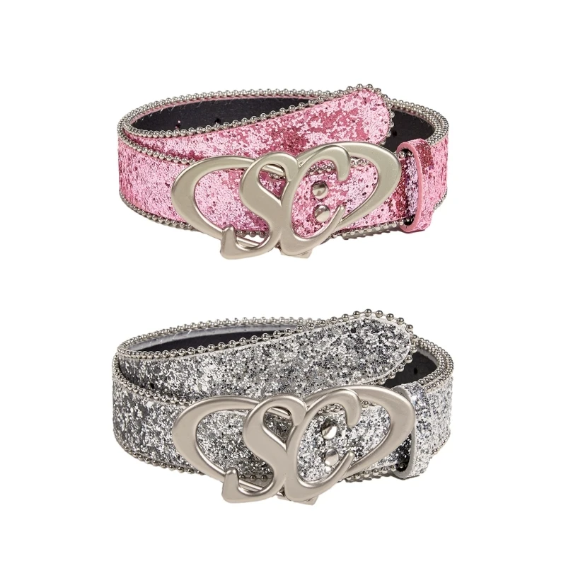 

Fashionable Sequined Jeans Belt with Buckle All-Matched Design Western Cowgirl Waist Belt Pink Silver Belt Decorations