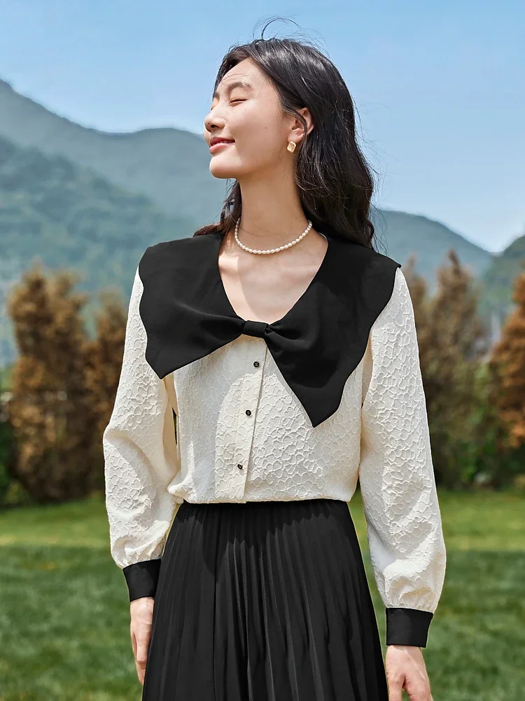 

Vimly Elegant Texture Jacquard Women's Blouses 2023 Autumn French Contrast Bow Peter Pan Collar Loose Fit Long Sleeve Tops M2709