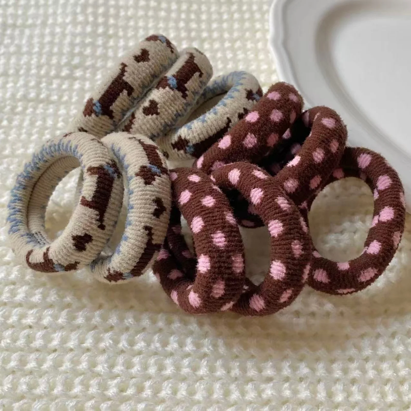 1PC Knitted Hair Ties For Women Autumn Winter Vintage Polka Dot & Animal Print Elastic Hair Bands Fashion Hair Accessories