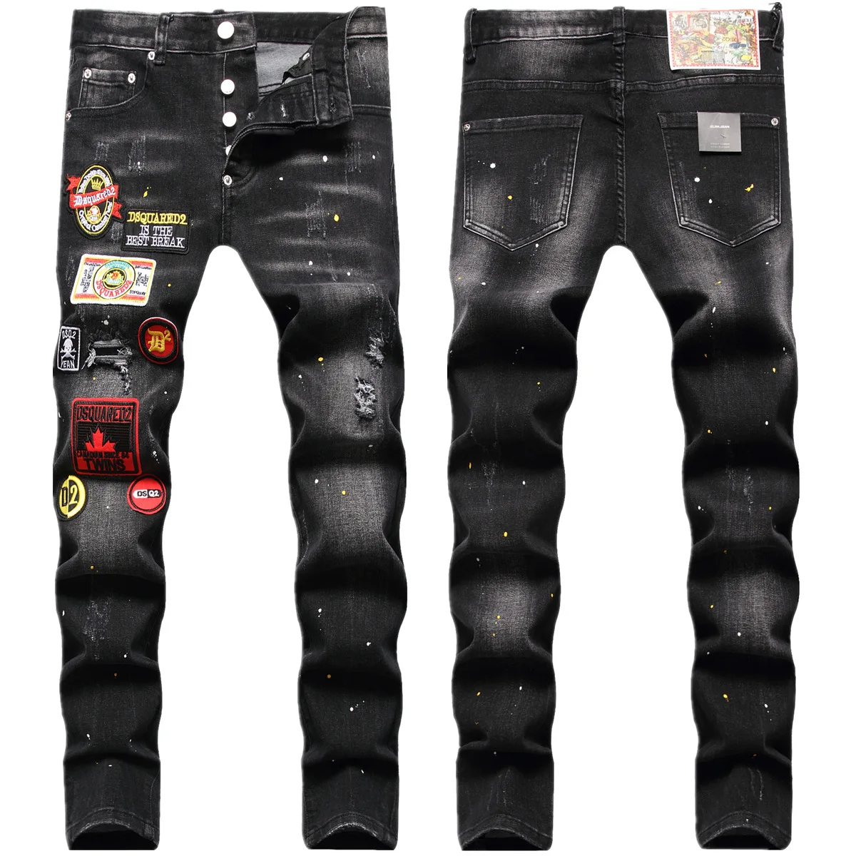 

European and American Fashion Holes In Many Badges Embroidered with Paint Black Stretch Slim Jeans Men