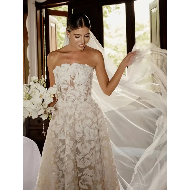 Customized Off The Shoulder Luxury Sequined Lace A Line Wedding Dresses Strapless Vintage Boho Bridal vestidos de novia