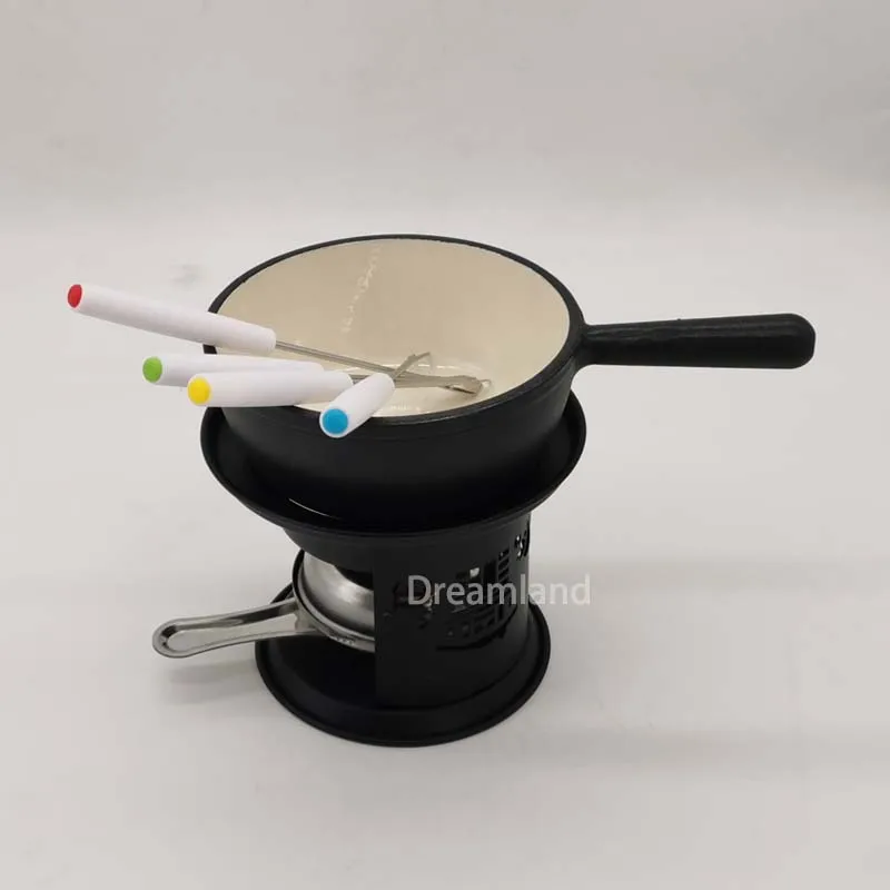 14cm Mini Enameled Cast Iron Fondue Cheese Hotpot with Alcohol Stove
