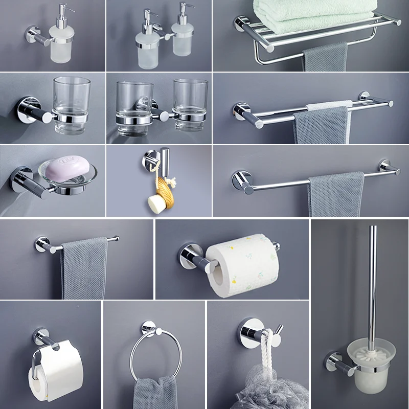 

Chrome Bathroom Hardware Sets Stainless Steel Toilet Brush Holder WC Roll Paper Towel Bar Shelf Shower Soap Dish Wall Robe Hooks