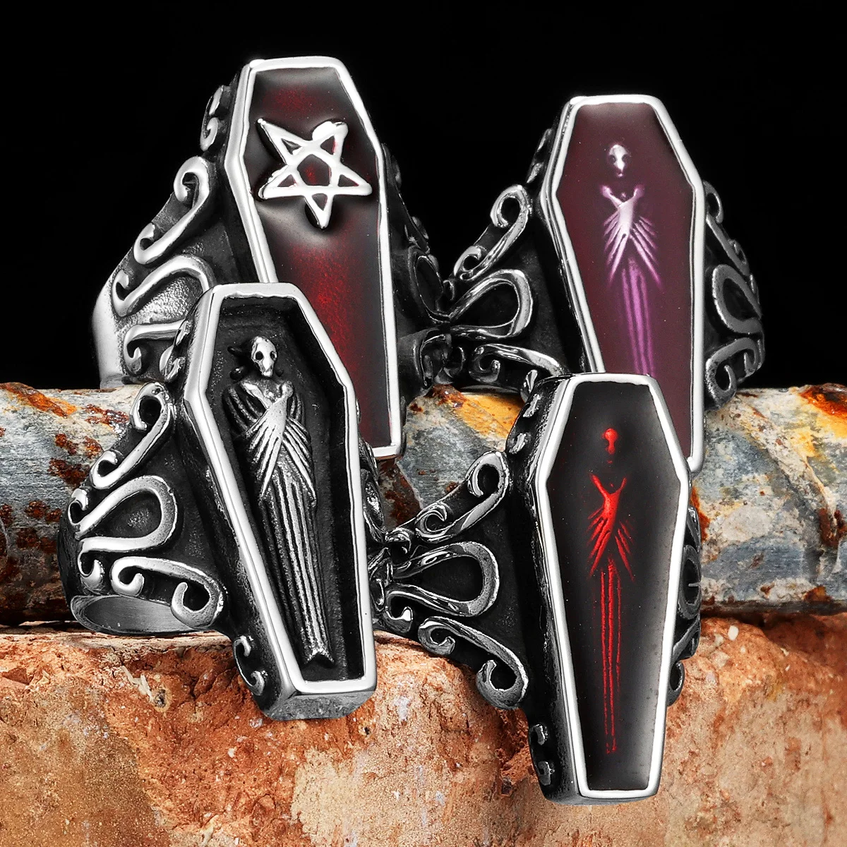JAJAFOOK Vintage Portrait Vampire Coffin Ring For Men | Titanium Steel Gothic Resin Ring - View #4