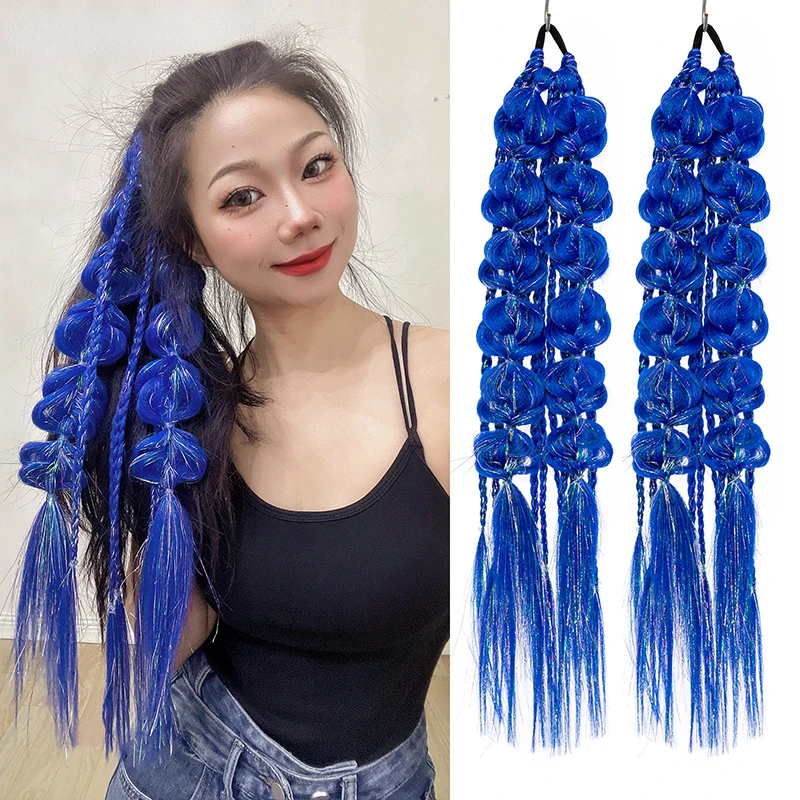 

2PCS Braided Ponytail False Tail For Women Synthetic Hair Extension Rainbow Braids Overhead Pony Horse Tails Pigtail Hairpiece